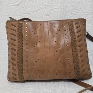 Lucky Brand Small Crossbody Studded‎ Braid Tan Triple Entry Zip Closure Festival
